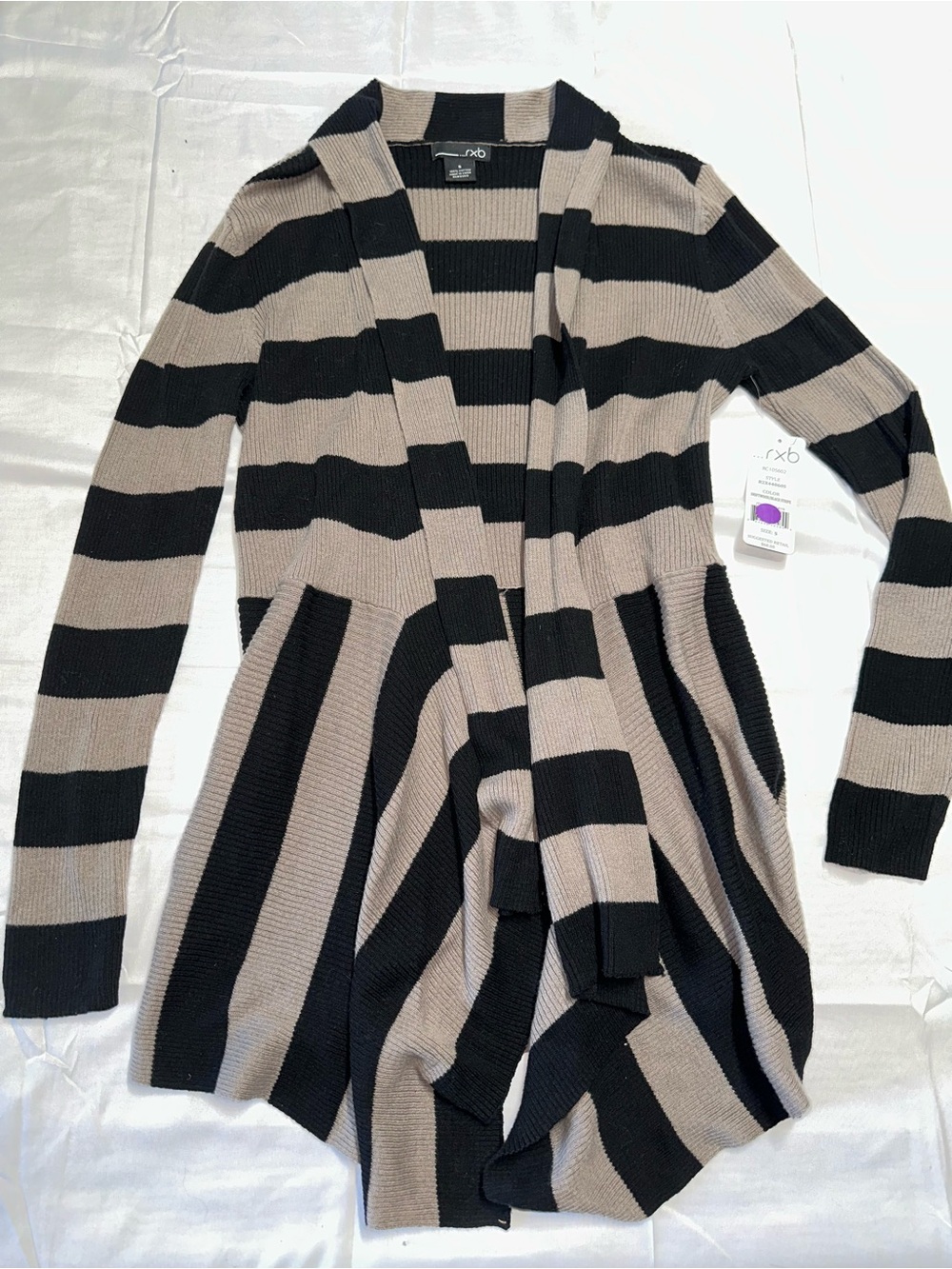RXB Women’s Small Black Driftwood Stripe Long Open Cardigan NWT 0374
